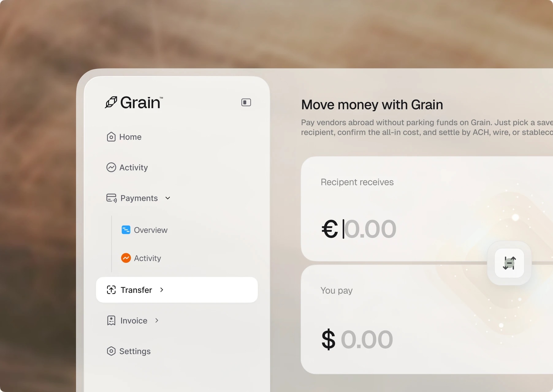 The Grain dashboard transfer view