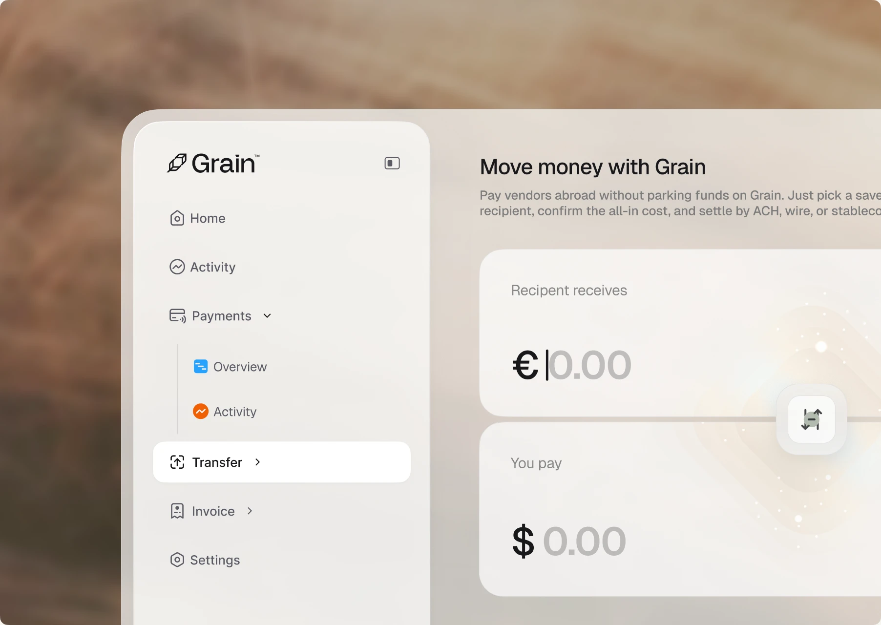 The Grain dashboard transfer view