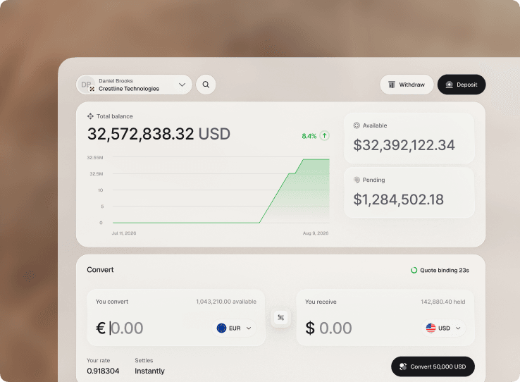 The Grain dashboard showing USD balances and currency conversion