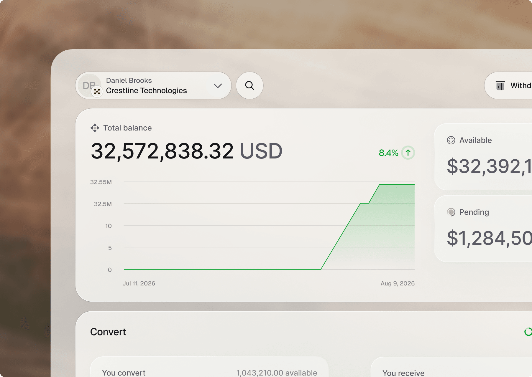 The Grain dashboard showing USD balances and currency conversion